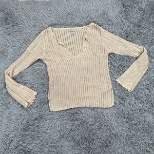 Hollister Y2K Crochet Knit V Neck Top Size Medium Tan Boho Neutral Coastal